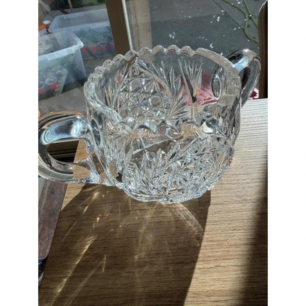 Vintage Cut Glass Crystal Serving Set Starburst Diamond Pattern 5 Pc Collection